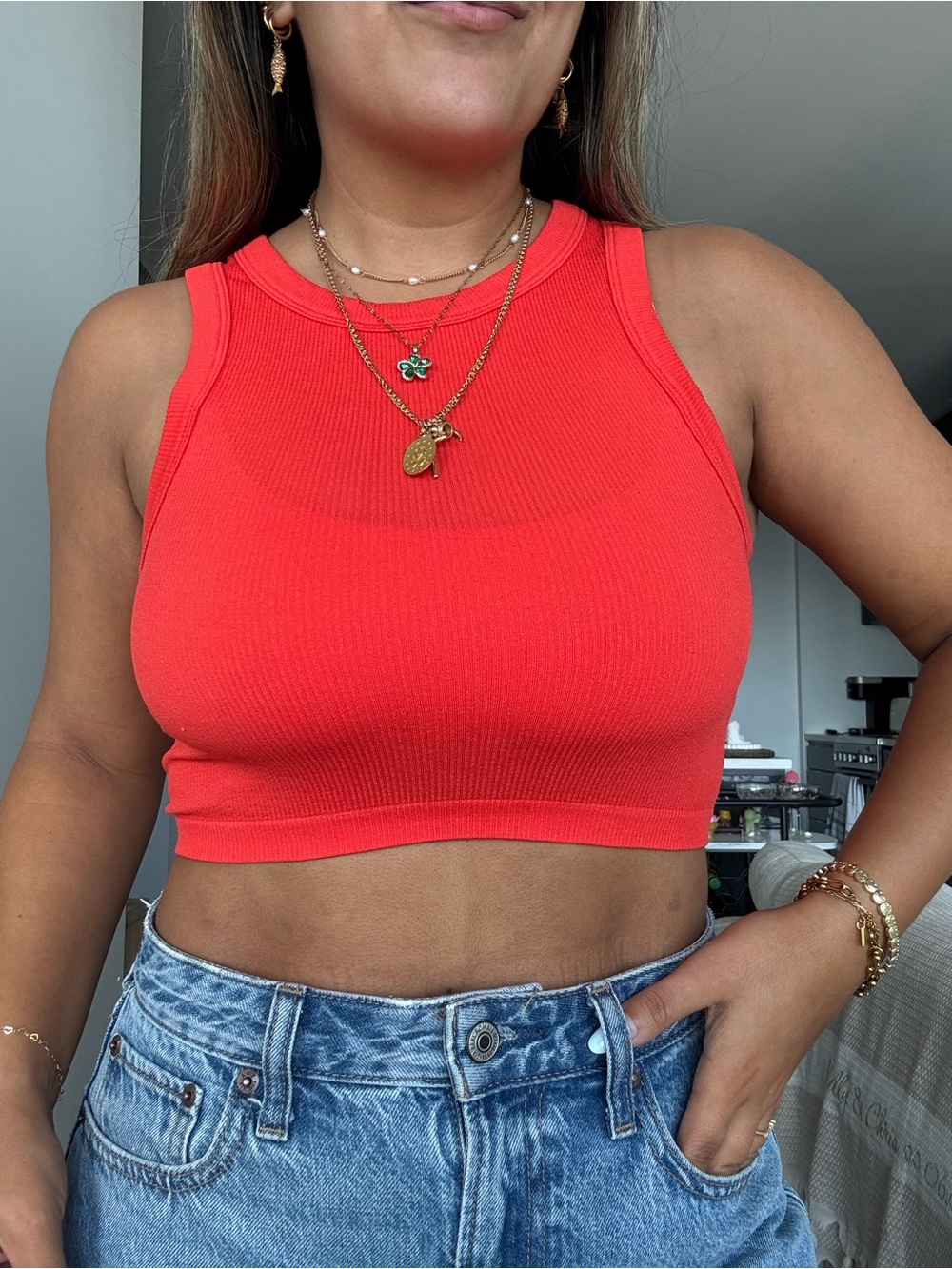 H&M Bright Red Ribbed Cropped Tank
